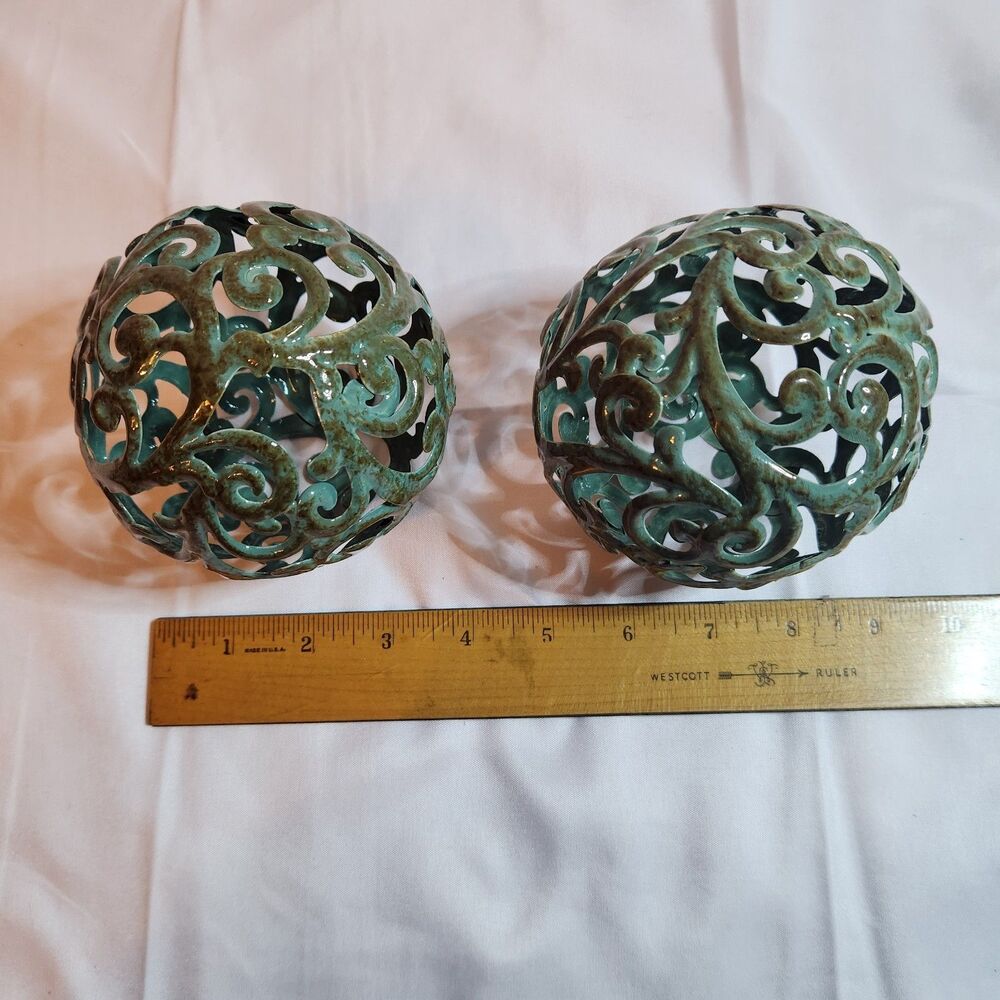 Set of 2 Teal Green Metal Decorative Orbs Scrollwork Openwork Balls
